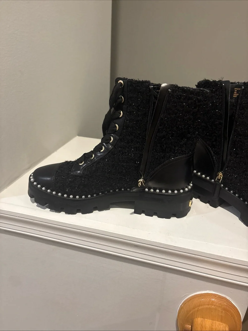Kate Spade Black Women's Lace-Up Pearl-Trim Combat Boot